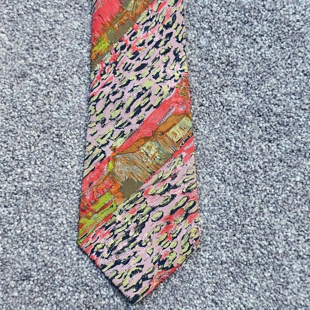 Vintage Brioni rare gold chain tag Impressionist Landscape men's Silk tie Italy - Picture 6 of 6